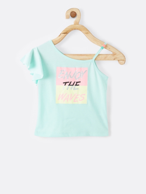 

VITAMINS Girls Mint Green Printed One Shoulder Top