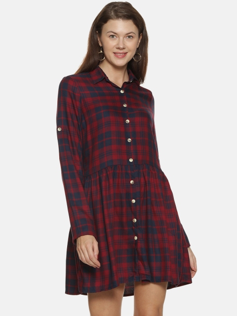 

Campus Sutra Women Red & Navy Blue Checked Shirt Dress