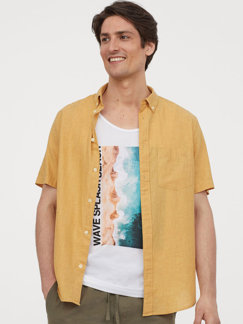

H&M Men Mustard Yellow Solid Regular Fit Cotton Shirt