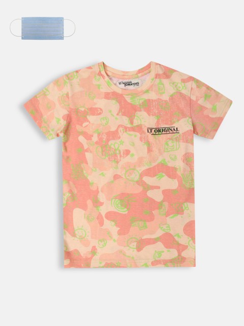 

Lil Tomatoes Boys Coral Orange Printed Round Neck T-shirt
