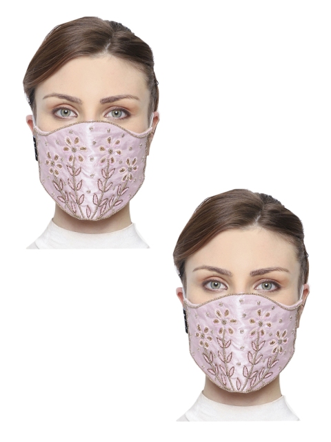

Anekaant Women 2 Pcs 3 Ply Art Silk Reusable Embellished Cloth Masks, Pink