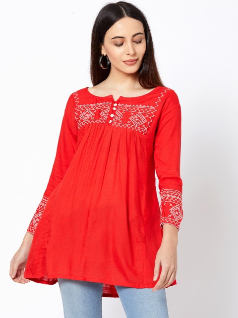 

FASHOR Women Red & White Embroidered A-Line Kurti