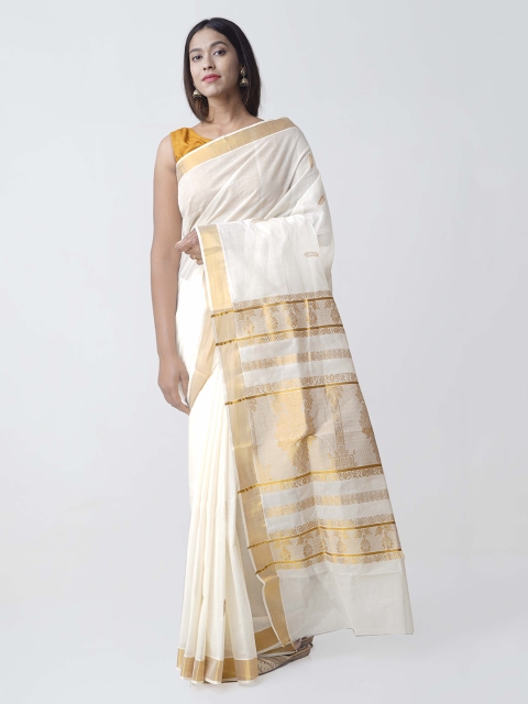 

Unnati Silks Cream-Coloured & Gold-Toned Pure Cotton Solid Kasavu Saree