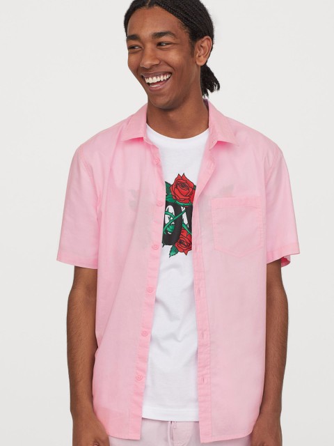 

H&M Men Pink Solid Short-sleeved Cotton Shirt