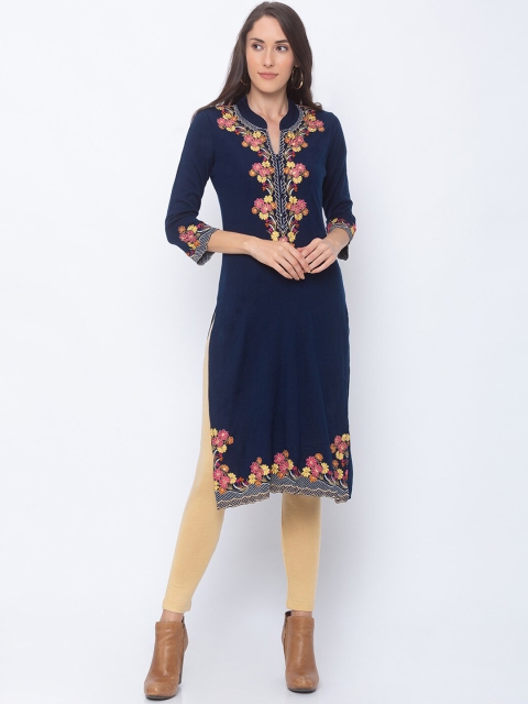 

Globus Women Navy Blue Embroidered Knitted Straight Kurta
