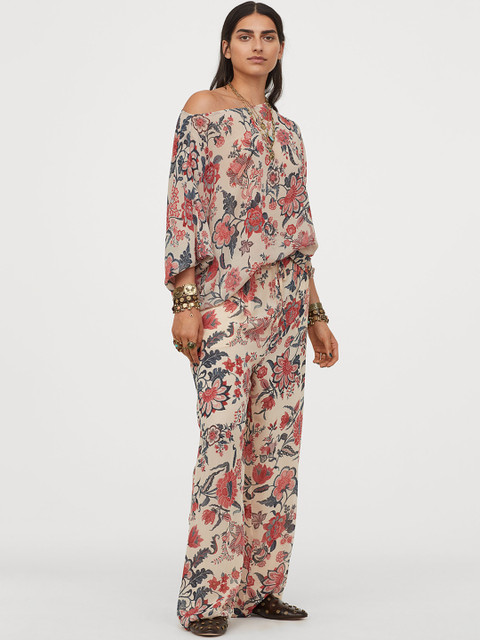 

H&M Women Beige & Green Loose Fit Printed Wide Trousers