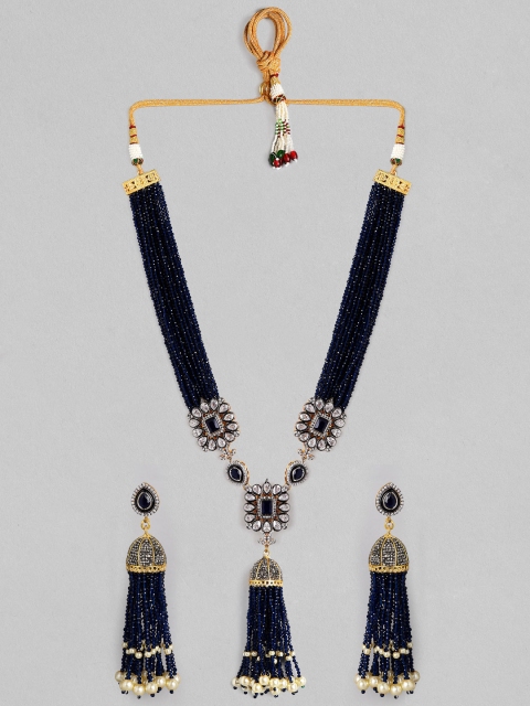

Rubans Silver-Plated Gold-Toned & Blue Kundan-Studded Beaded Handcrafted Jewellery Set
