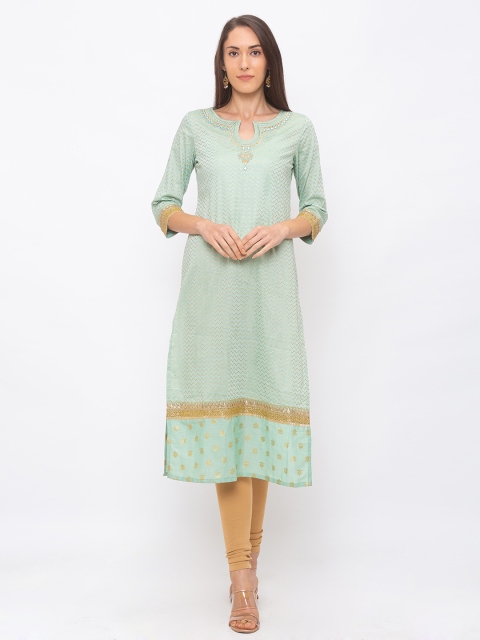 

Globus Women Green Foil Print Embroidered Straight Kurta