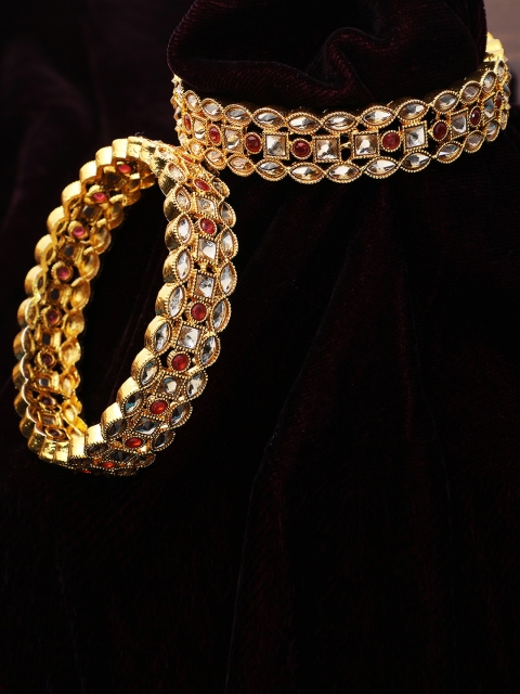 

Adwitiya Collection Set Of 2 24 CT Gold Plated Pink & White Stone-Studded Handcrafted Bangles