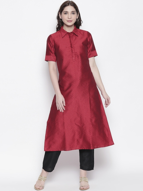 

Desi Weavess Women Maroon Woven Design A-Line Kurta