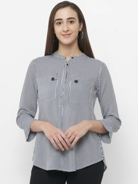 

109F Women White & Black Striped Shirt Style Top