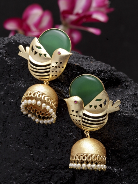 

DUGRISTYLE Green & Gold-Plated Peacock Shaped Jhumkas
