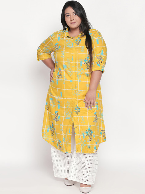 

RANGMANCH PLUS by Pantaloons Women Yellow Checked Straight Kurta