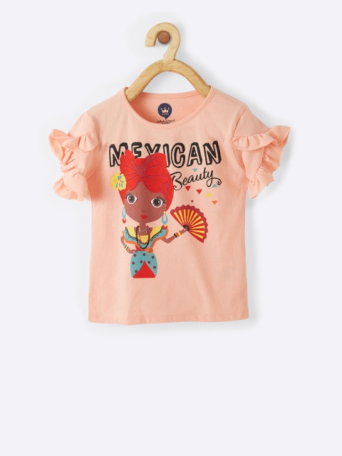 

VITAMINS Girls Peach & Red Printed Round Neck T-shirt