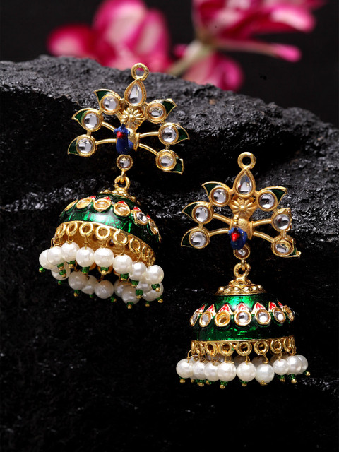 

DUGRISTYLE Green & Blue Gold-Plated Dome Shaped Jhumkas