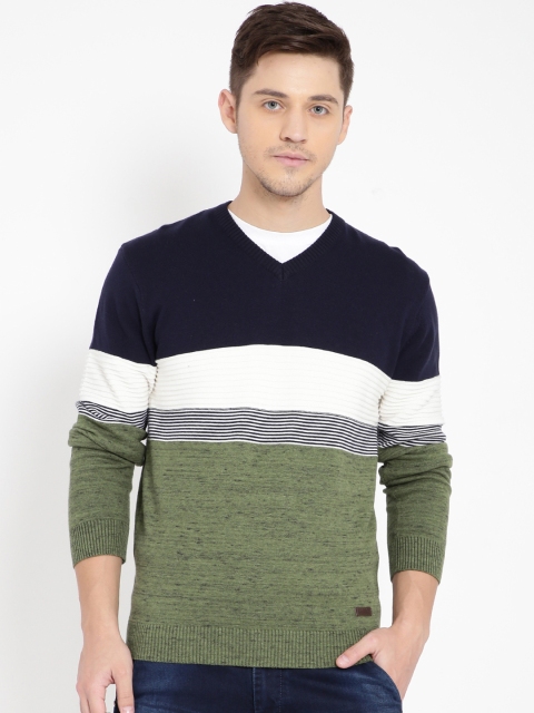 

t-base Men Green & Navy Blue Striped Pullover Sweater