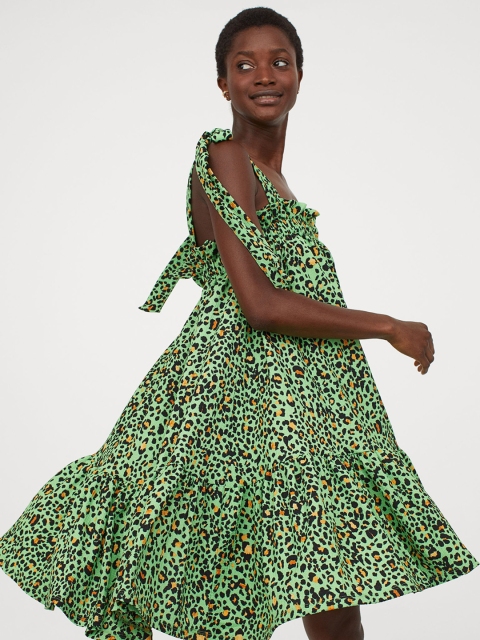 

H&M Women Green Printed Bow-Detail Dress