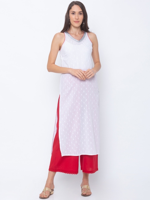 

Globus Women White Woven Design A-Line Kurta