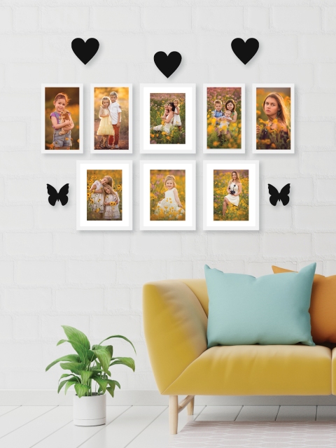 

RANDOM Set Of 8 White Solid Collage Photo Frames With Black Plaques