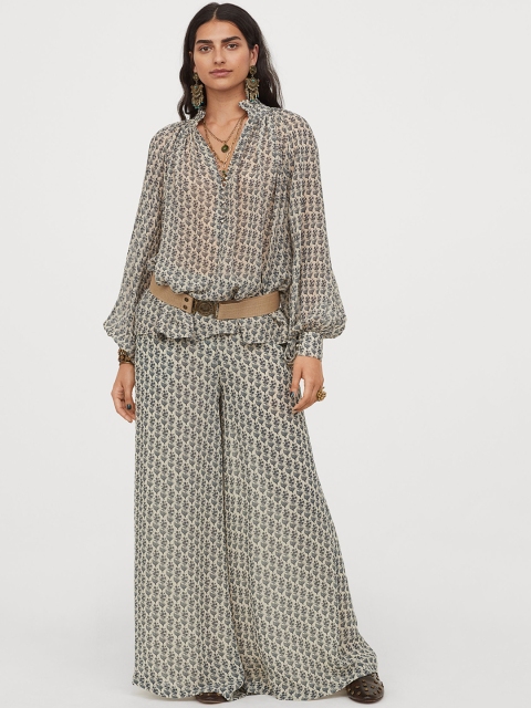 

H&M Women Beige & Blue Patterned Chiffon Trousers