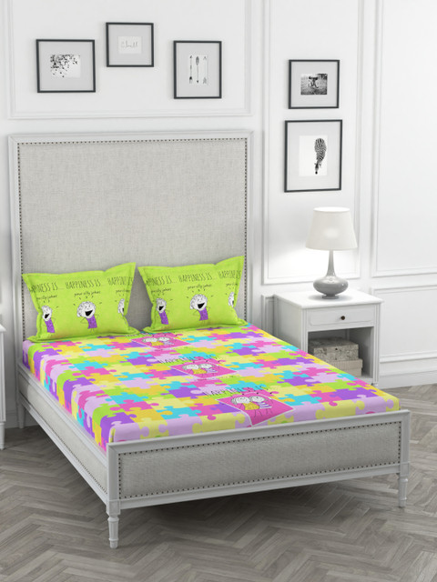 

Portico New York Grey & Green Abstract 144 TC Cotton 1 Queen Bedsheet with 2 Pillow Covers