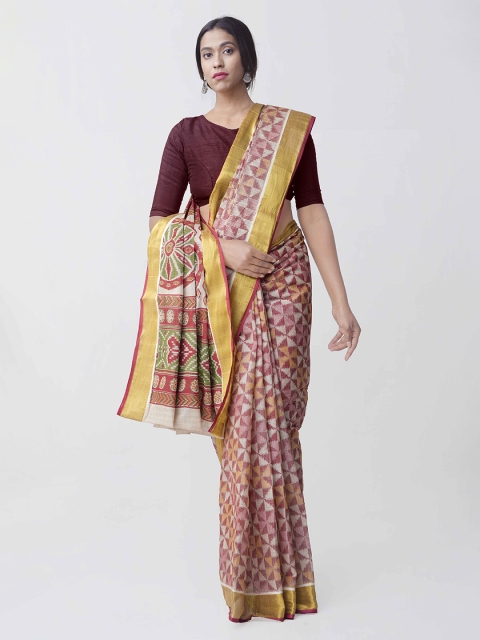 

Unnati Silks Brown & Green Jute Cotton Printed Kasavu Saree