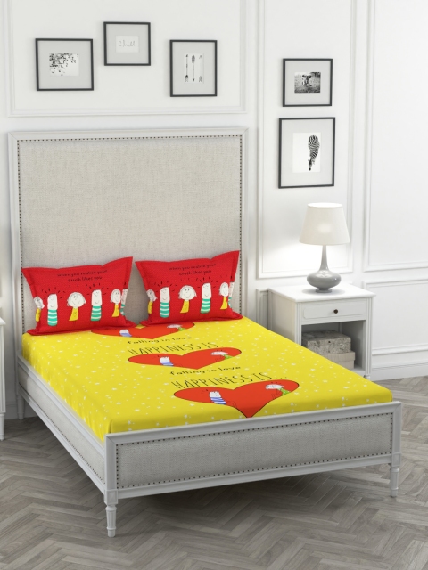

STELLAR HOME Yellow & Red Cartoon Characters 144 TC Cotton 1 Queen Bedsheet with 2 Pillow Covers