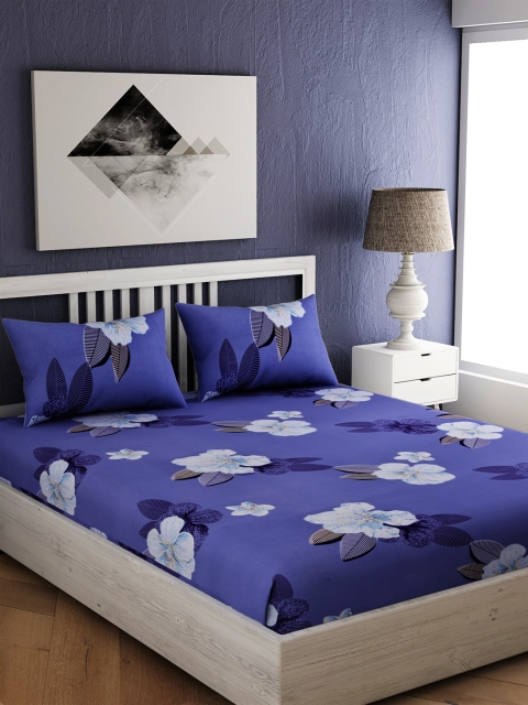 

EverHOME Blue & Off-White Floral 144 TC Cotton 1 King Bedsheet with 2 Pillow Covers