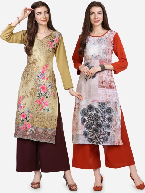 

Silk Bazar Women Pack of 2 Printed Straight Kurtas, Olive