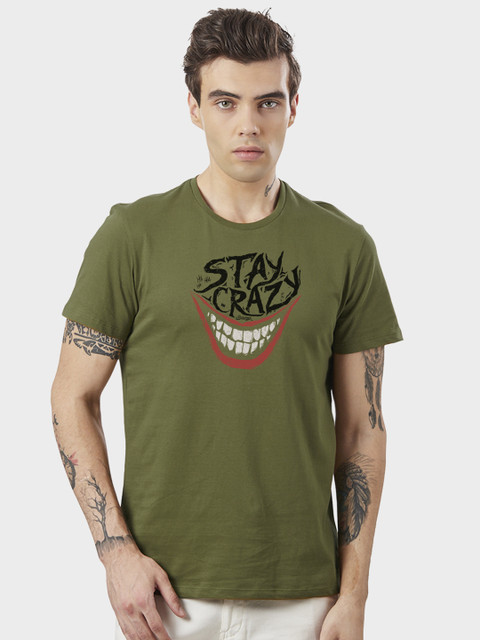 

Free Authority Men Olive Green & Black Joker Print Round Neck T-shirt