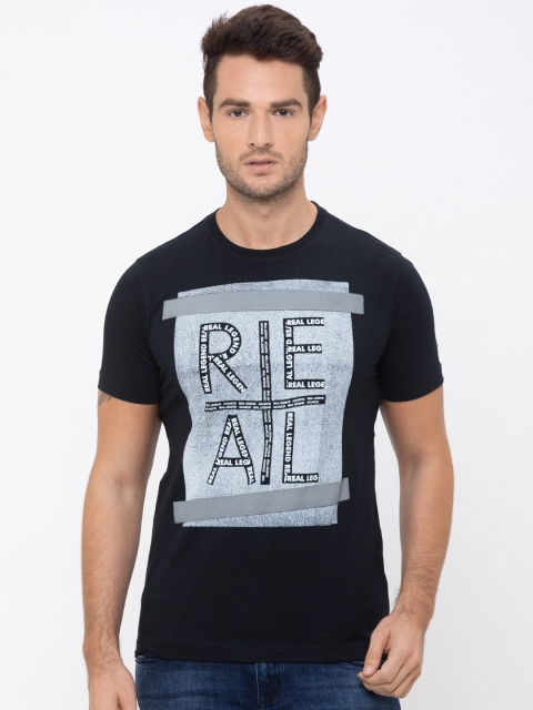 Globus Men Black & White Printed Round Neck T-shirt