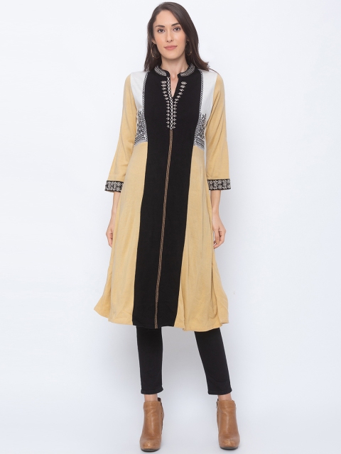 

Globus Women Black & Beige Colourblocked Panelled Straight Kurta
