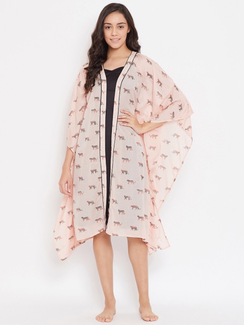 

The Kaftan Company Black & Beige Tiger Print Nightdress With Kaftan Robe