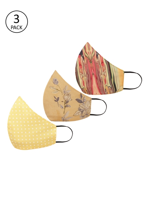 Tossido Women 3 Pcs Printed 3-Ply Anti-Pollution Reusable Cloth Masks, Yellow