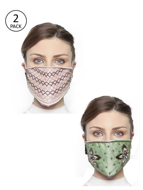 

Anekaant Women 2 Pcs 3 Ply Art Silk Reusable Embellished Cloth Masks, Multi
