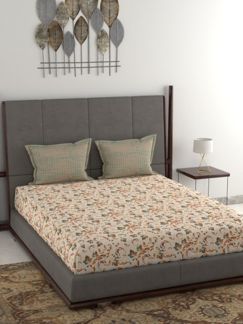 

Trident Off-White & Orange Floral 120 TC Cotton 1 Queen Bedsheet with 2 Pillow Covers