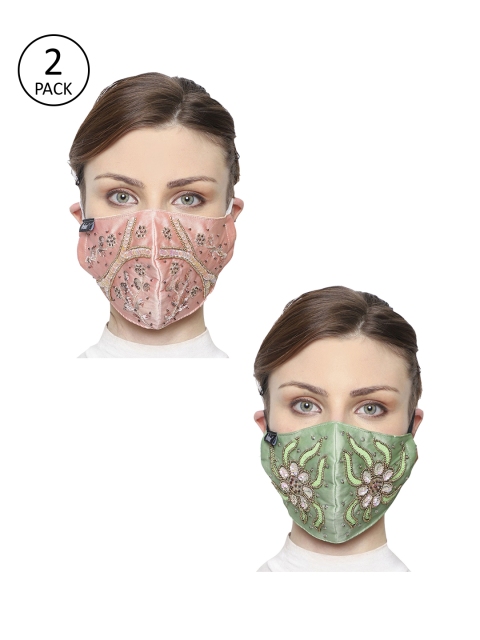 

Anekaant Women Pack of 2 3-Ply Art Silk Embellished Cloth Mask, Sea green
