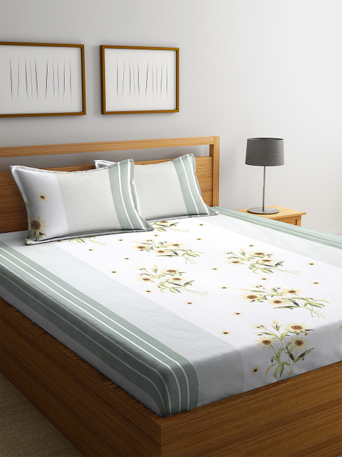 

NEUDIS Green & White Floral 210 TC Cotton 1 Queen Bedsheet with 2 Pillow Covers