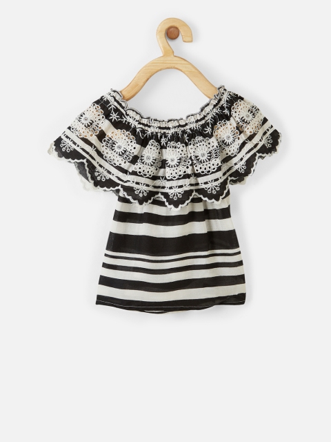

VITAMINS Girls Black & White Striped Schiffli Bardot Top