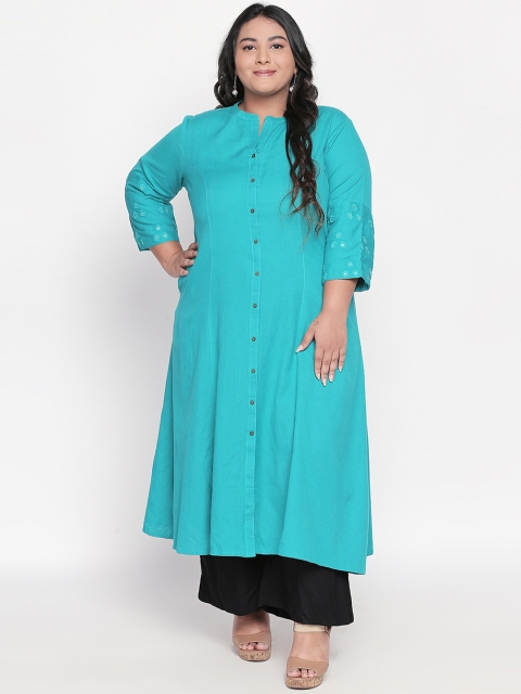 

RANGMANCH PLUS by Pantaloons Women Turquoise Blue Solid A-Line Kurta