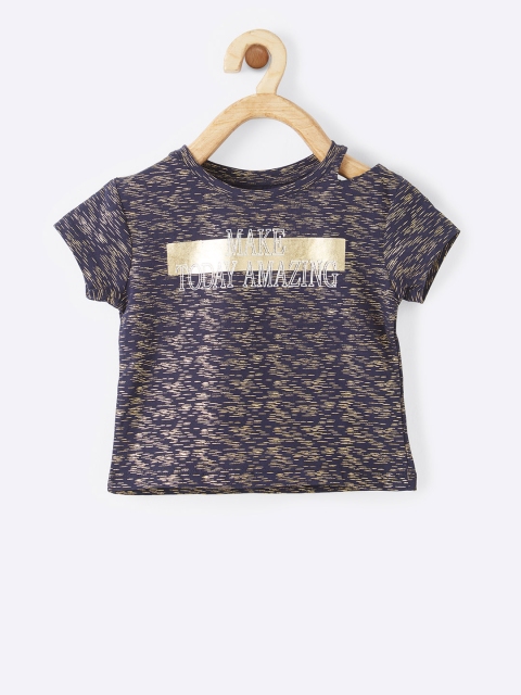 

VITAMINS Girls Navy Blue & Gold-Coloured Printed Top