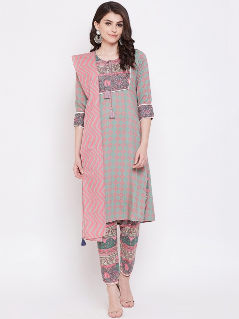 

Ishin DESIGNER STUDIO Women Green & Pink Printed Kurta with Trousers & Dupatta