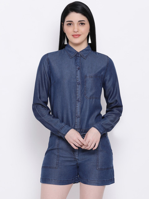 

Oxolloxo Women Navy Blue Solid Denim Playsuit