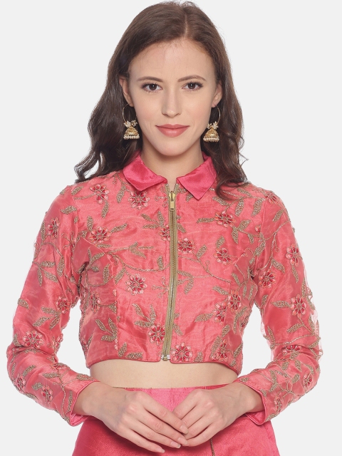 

Ira Soleil Women Pink & Green Floral Embroidered Crop Top