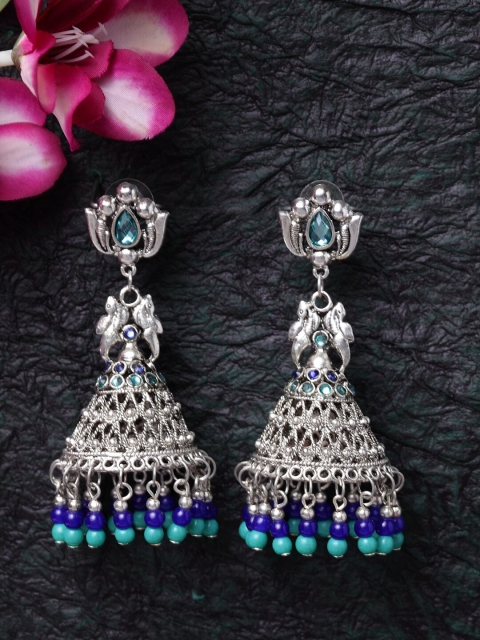 

Moedbuille Silver-Toned & Turquoise Blue Dome Shaped Jhumkas