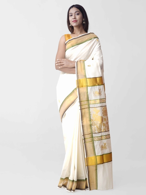 

Unnati Silks Cream-Coloured & Gold-Toned Pure Cotton Solid Kerala Kasavu Saree