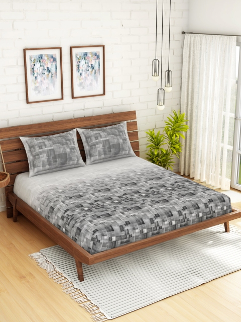 

SPACES Grey & White Geometric 180 TC Cotton 1 King Bedsheet with 2 Pillow Covers