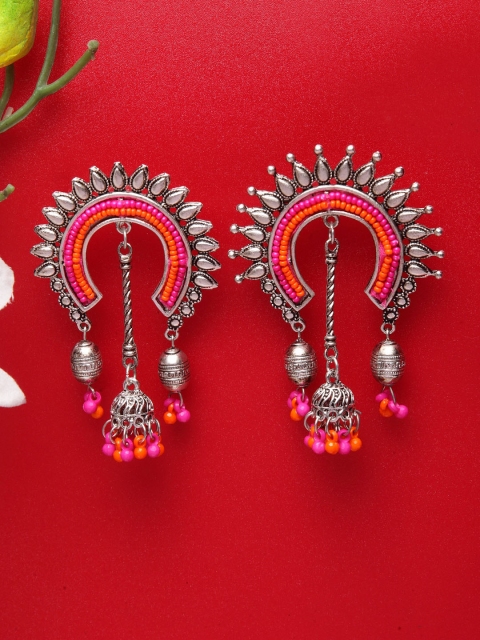 

Moedbuille Silver-Toned & Pink Dome Shaped Oxidised Jhumkas