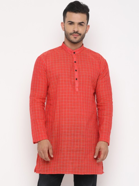 

SHOWOFF Men Orange & White Checked Straight Kurta