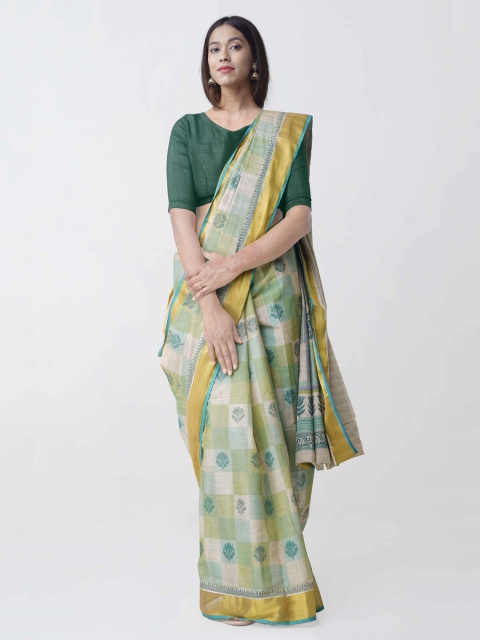 

Unnati Silks Green & Off-White Jute Cotton Checked Kasavu Saree